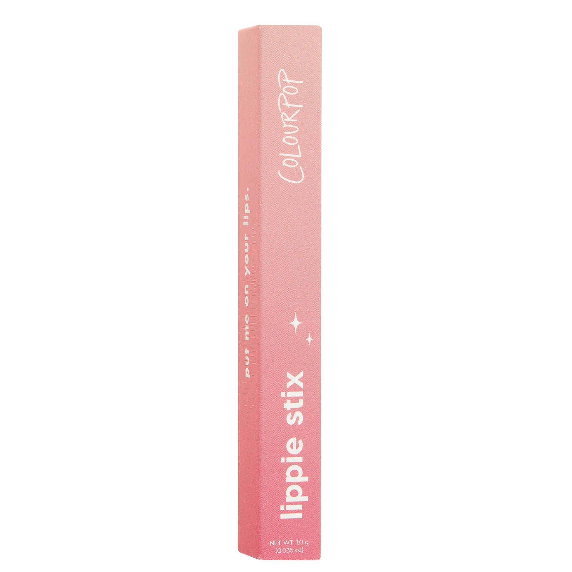 ColourPop Lippie Stix Primer stands upright, a pink ombré rectangular box displaying white “lippie stix” and “ColourPop” text with small star icons and net wt. 1.0 g (0.035 oz), set against a clean white background.