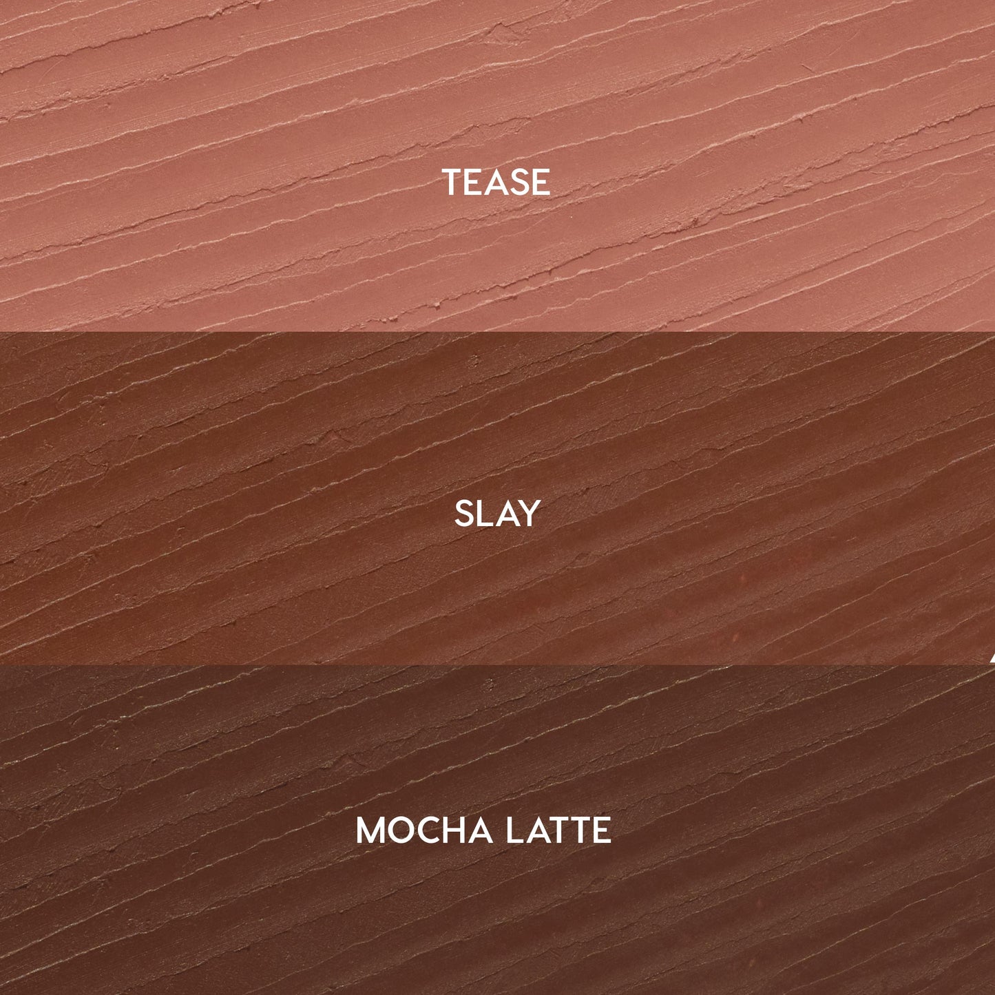 Three stacked lip liner swatches labeled Tease (soft pink nude), Slay (warm brown), and Mocha Latte (deep mocha) show a smooth, creamy texture, representing the ColourPop So Juicy Plumping Lip Liner Set, Total Slay.