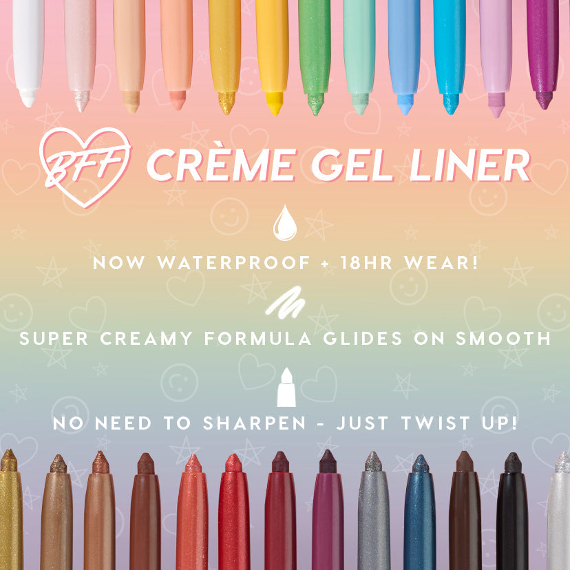 ColourPop Crème Gel Liner in Sunnyvale showcased twisting up among a rainbow lineup of pencils, promoting waterproof 18-hour wear and a super-creamy glide, set on a pastel gradient background with doodled stars and smiley faces.