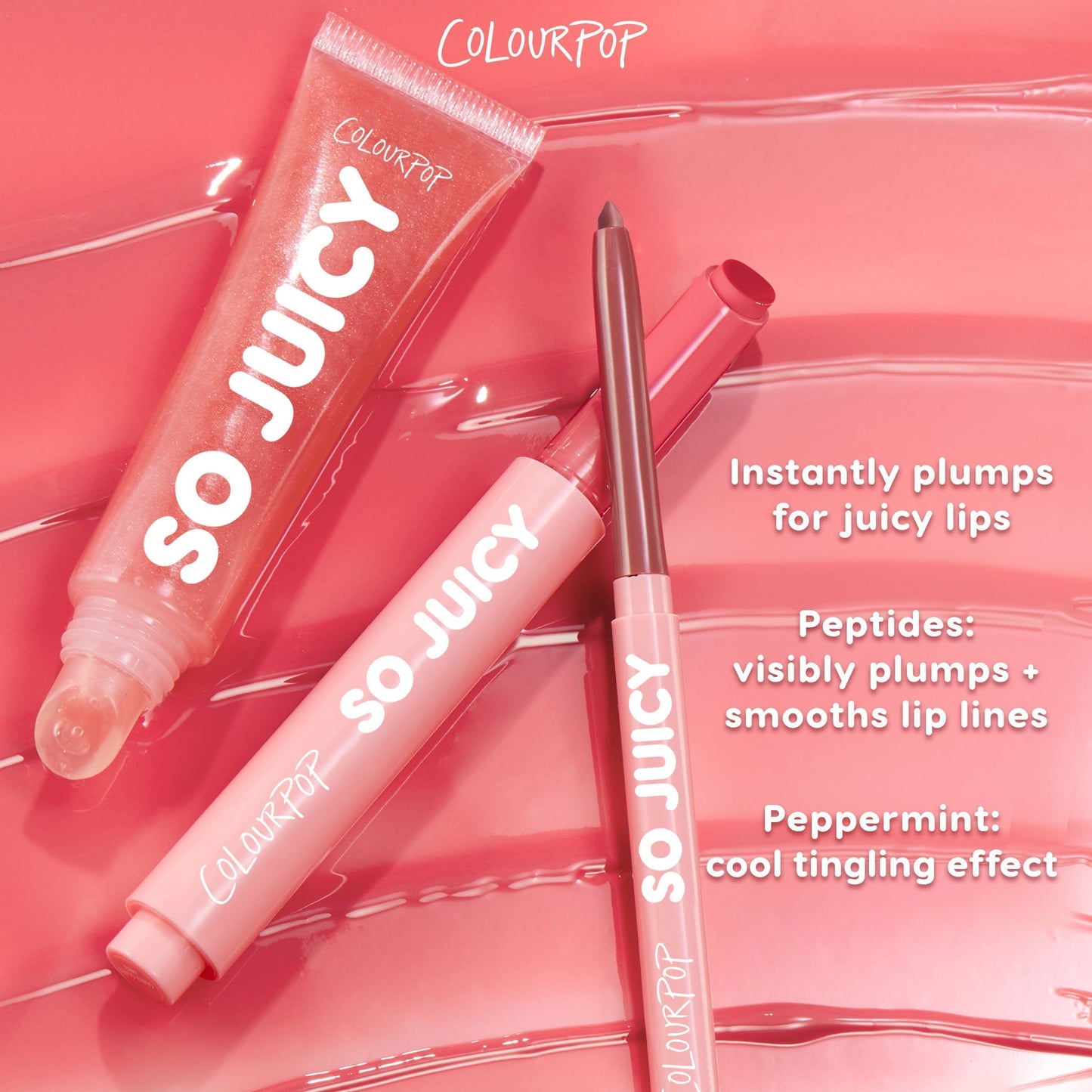 ColourPop So Juicy Plumping Lip Liner Set Total Slay arranged on glossy pink swirls, showing a sheer pink So Juicy gloss and twist-up lip liner, highlighting peptides for visible plumping, smoother lip lines, and a peppermint tingle.