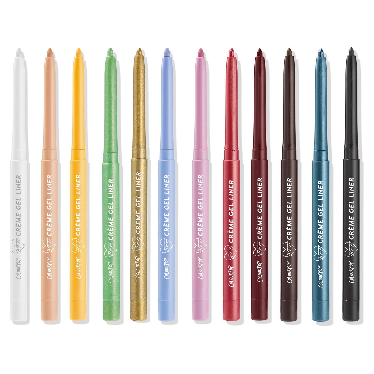 ColourPop Crème Gel Liner It’s a Vibe set lines up 13 retractable gel eyeliners with tips extended on a white background, spanning shades from white, peach, yellow, light green, green, gold, periwinkle, pink, red, burgundy, brown, teal, to black.
