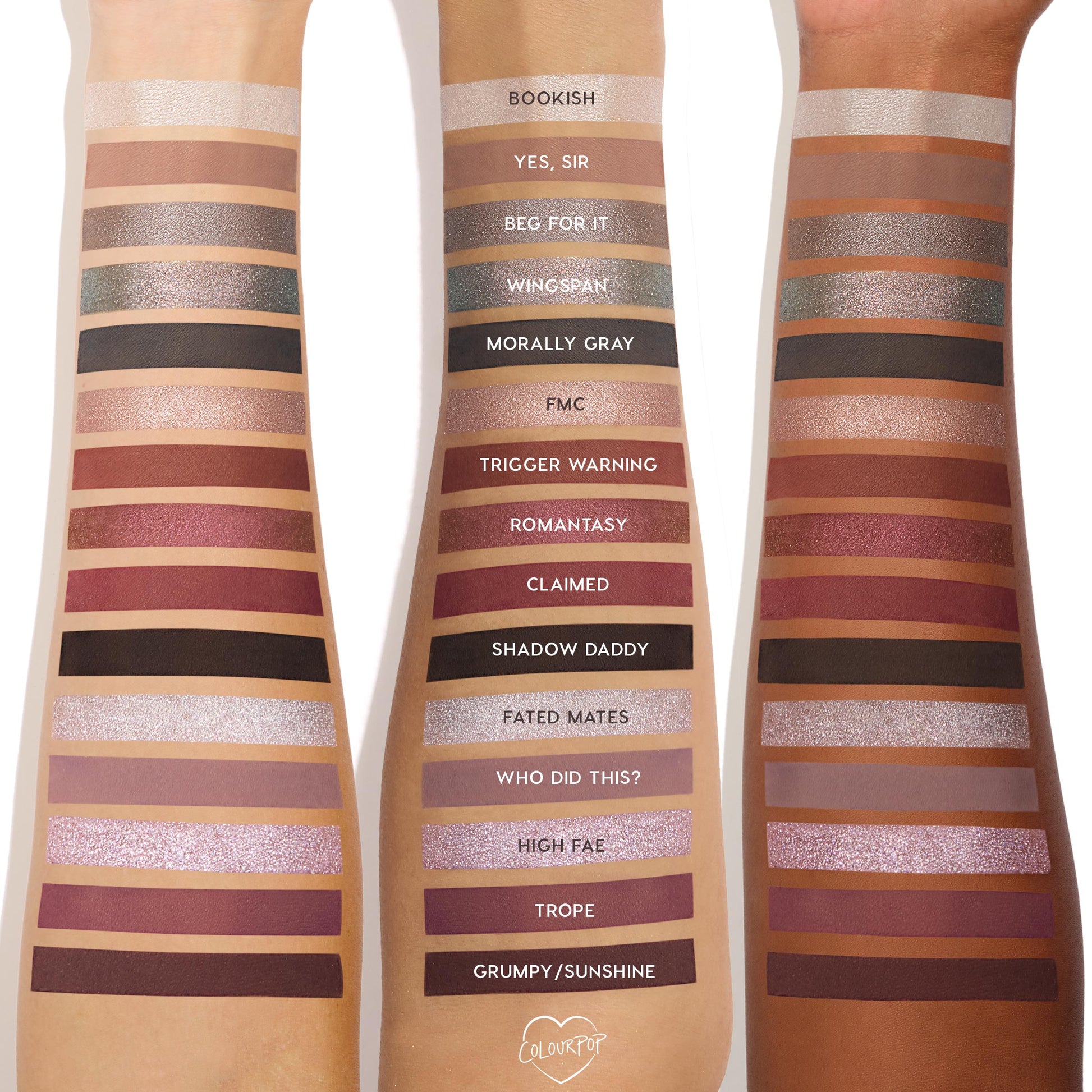A Shadow of Secrets ColourPop Shadow Palette swatched on three arms - light, medium, and deep skin - showing matte and shimmer neutrals, mauves, and smoky tones labeled Bookish, Yes, Sir, Wingspan, Morally Gray, High Fae, Grumpy/Sunshine.