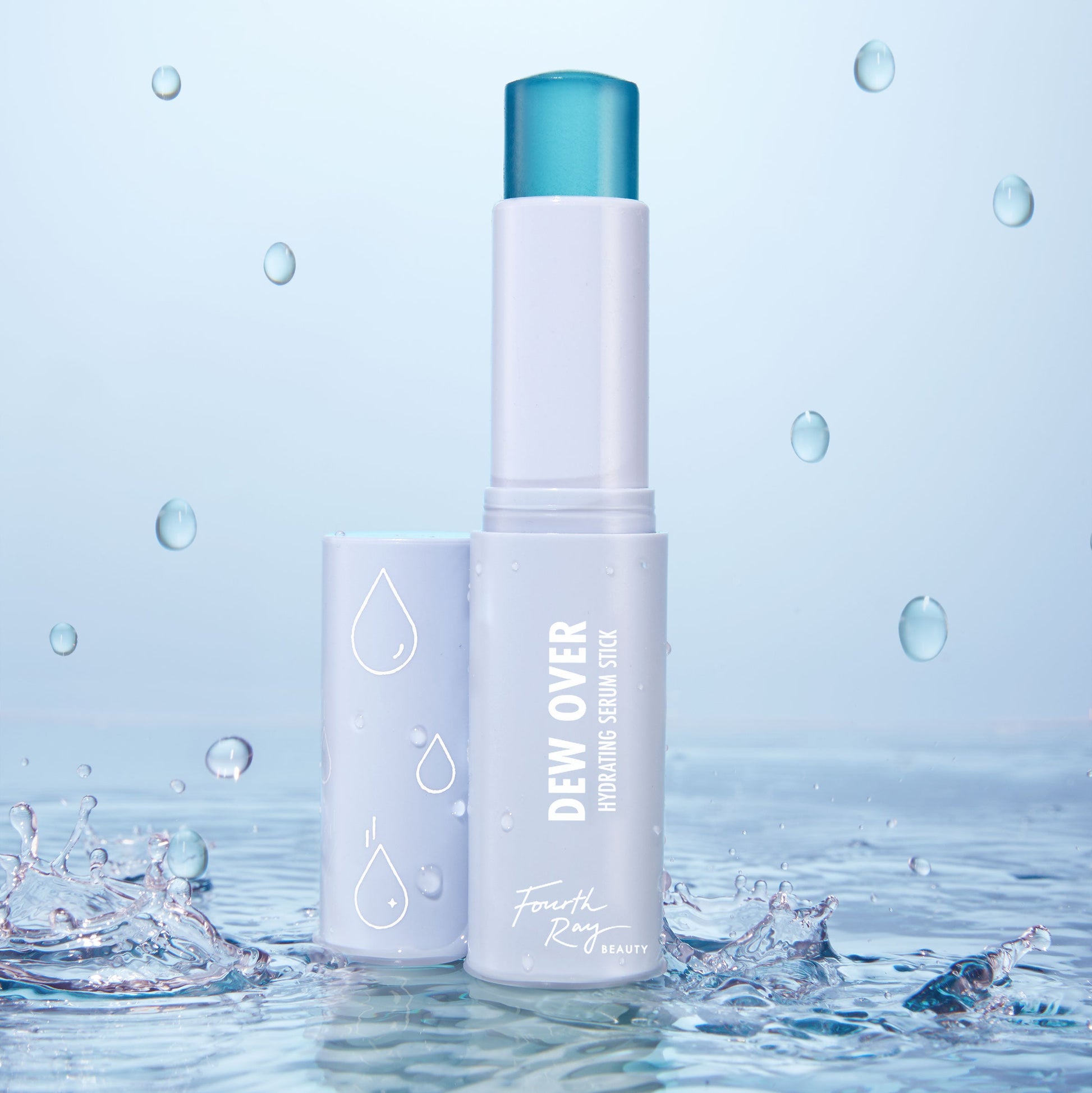 Dew Over Hydrating Serum Stick stands uncapped with a teal balm bullet, splashing in water droplets; pastel gray tube shows droplet icons and Fourth Ray Beauty logo for a dewy, fresh finish - ColourPop Serum Stick for on‑the‑go hydration.