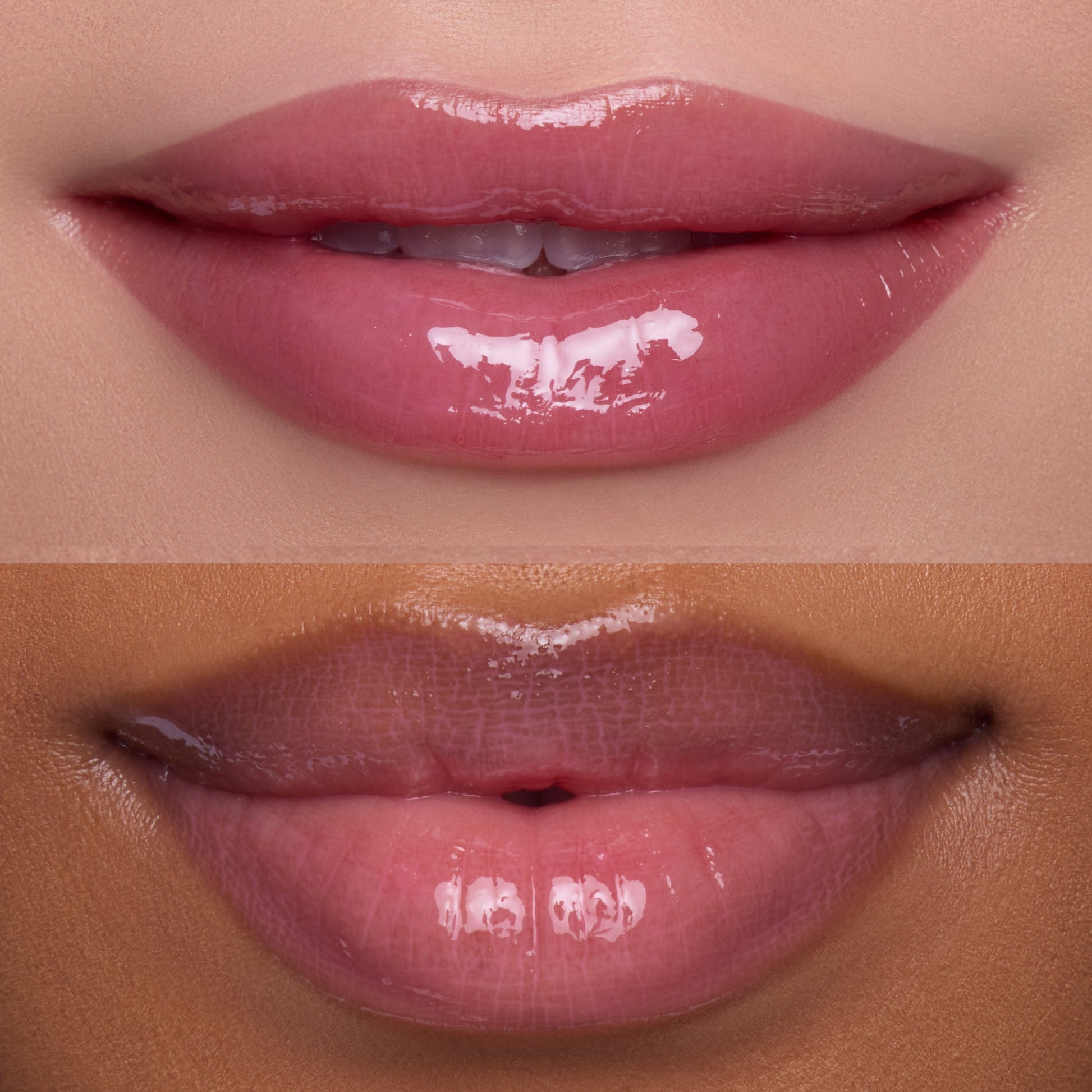 Two close-up shots of glossy, pink lips wearing the Heart to Get Text Me, JK blush + UGL set, showing how the sheer, high-shine lip color flatters different skin tones in a beauty product grid for US makeup shoppers.