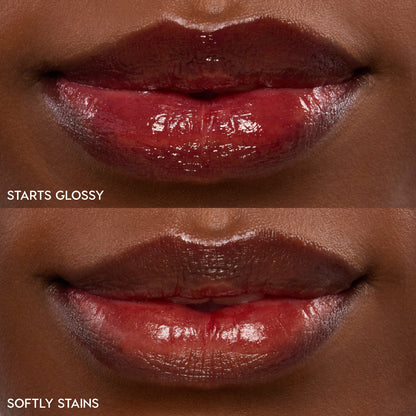 Lips wearing ColourPop Lip Stain in Blueberry Marg, shown in two finishes: top glossy and bottom stain, a deep berry-red that shines then softens to a diffused tint; close-up product swatch on a model’s lips.