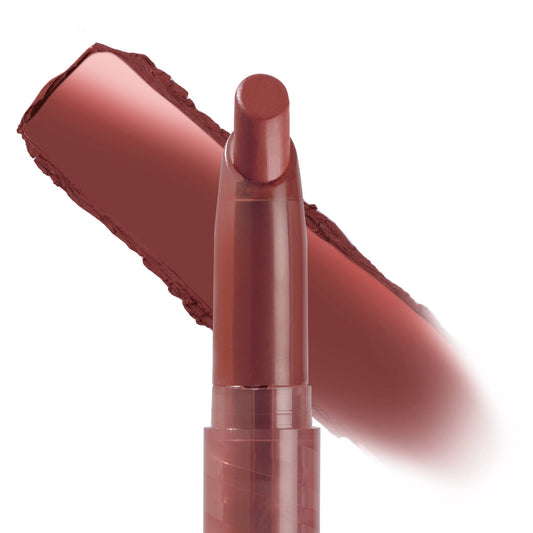Kapish ColourPop Lippie Stix shown uncapped, angled bullet poised to apply with a wide rosy-brown swatch behind it on a white backdrop, highlighting the high-pigment lip color crayon in the Kapish shade.