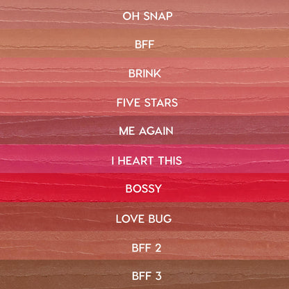 ColourPop Lippie Pencil swatches from The Lil Box of Lippie Pencils displayed in horizontal stripes - nudes to pinks and reds - labeled: Oh Snap, BFF, Brink, Five Stars, Me Again, I Heart This, Bossy, Love Bug, BFF 2, BFF 3.