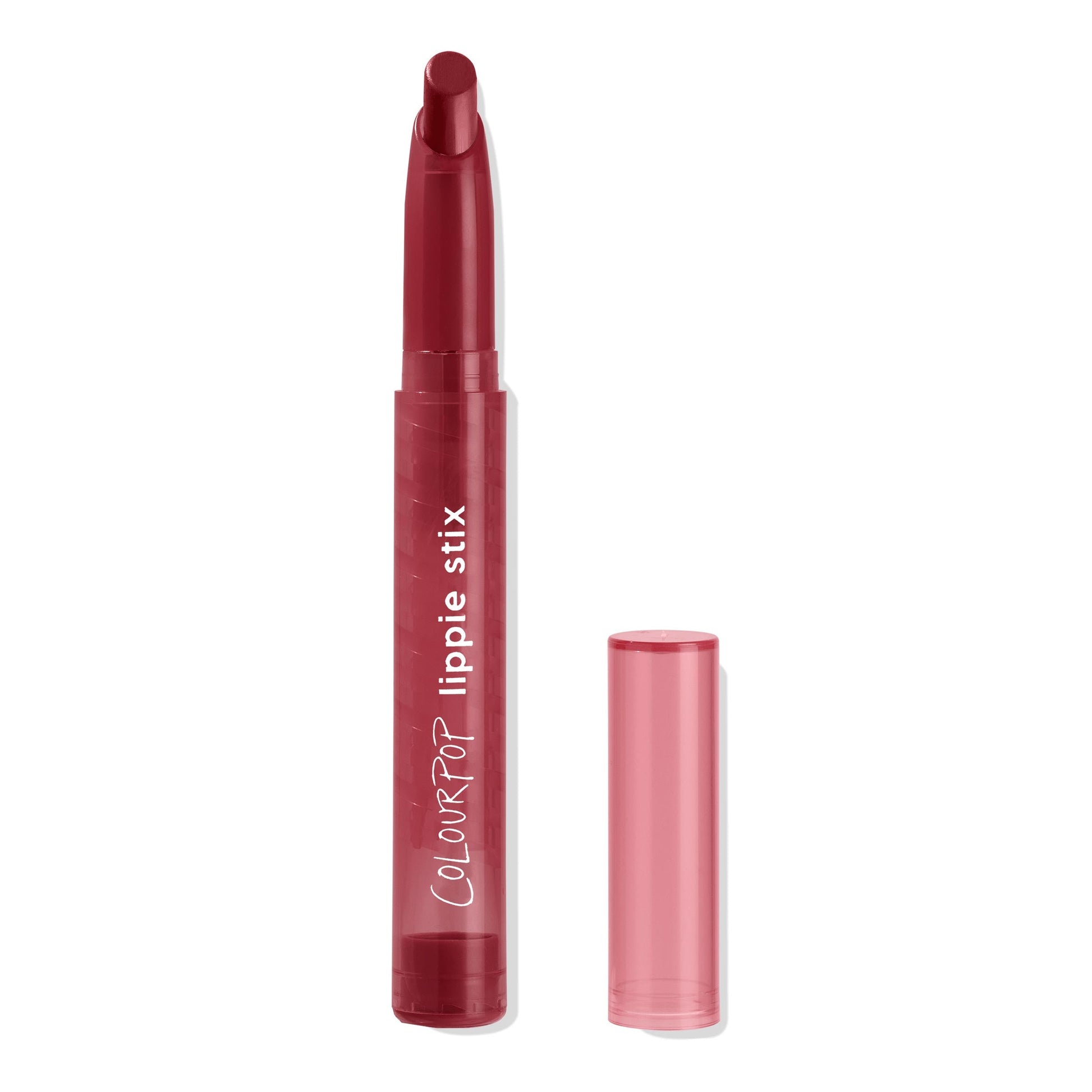 ColourPop Lippie Stix in My Bad stands uncapped, angled berry-red bullet exposed, maroon tube showing lippie stix branding with a translucent rose cap beside it, set against a clean white background.