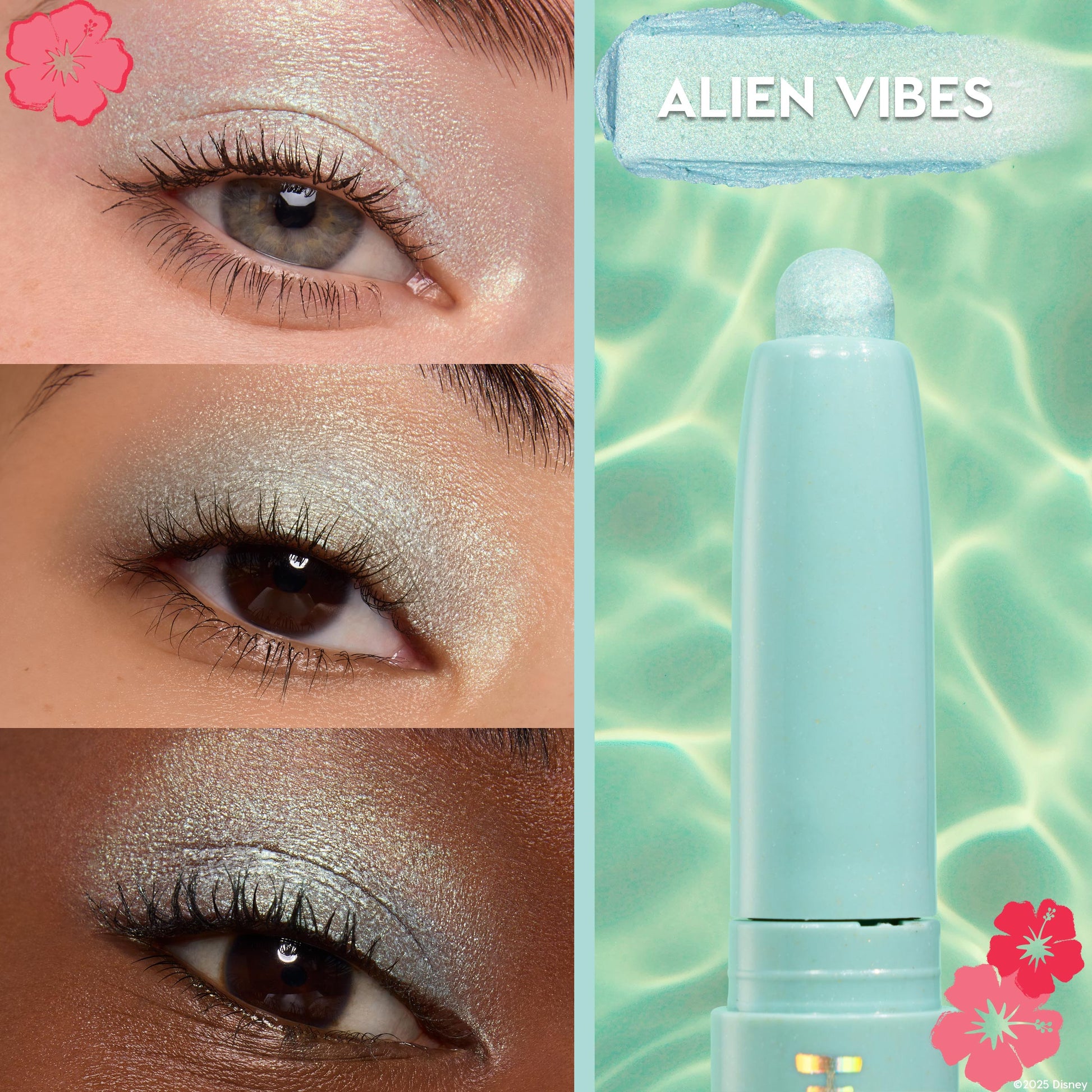 ColourPop Cute and Feisty Shadow Stix in shade Alien Vibes shown on three eyelids with shimmering icy aqua eyeshadow, alongside the turquoise stick applicator on a water-inspired background, promoting Disney Lilo and Stitch Colourpop makeup.