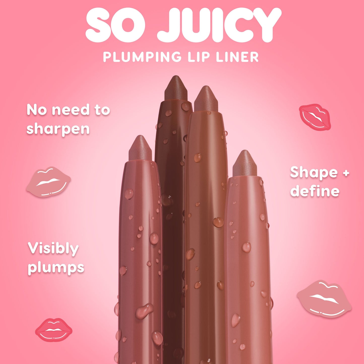 ColourPop So Juicy Plumping Lip Liner with Peptides in ETA shade, a twist‑up nude lip liner beaded with dewy drops, standing against a pink gradient backdrop that calls out no need to sharpen, visibly plumps, and shapes + defines.