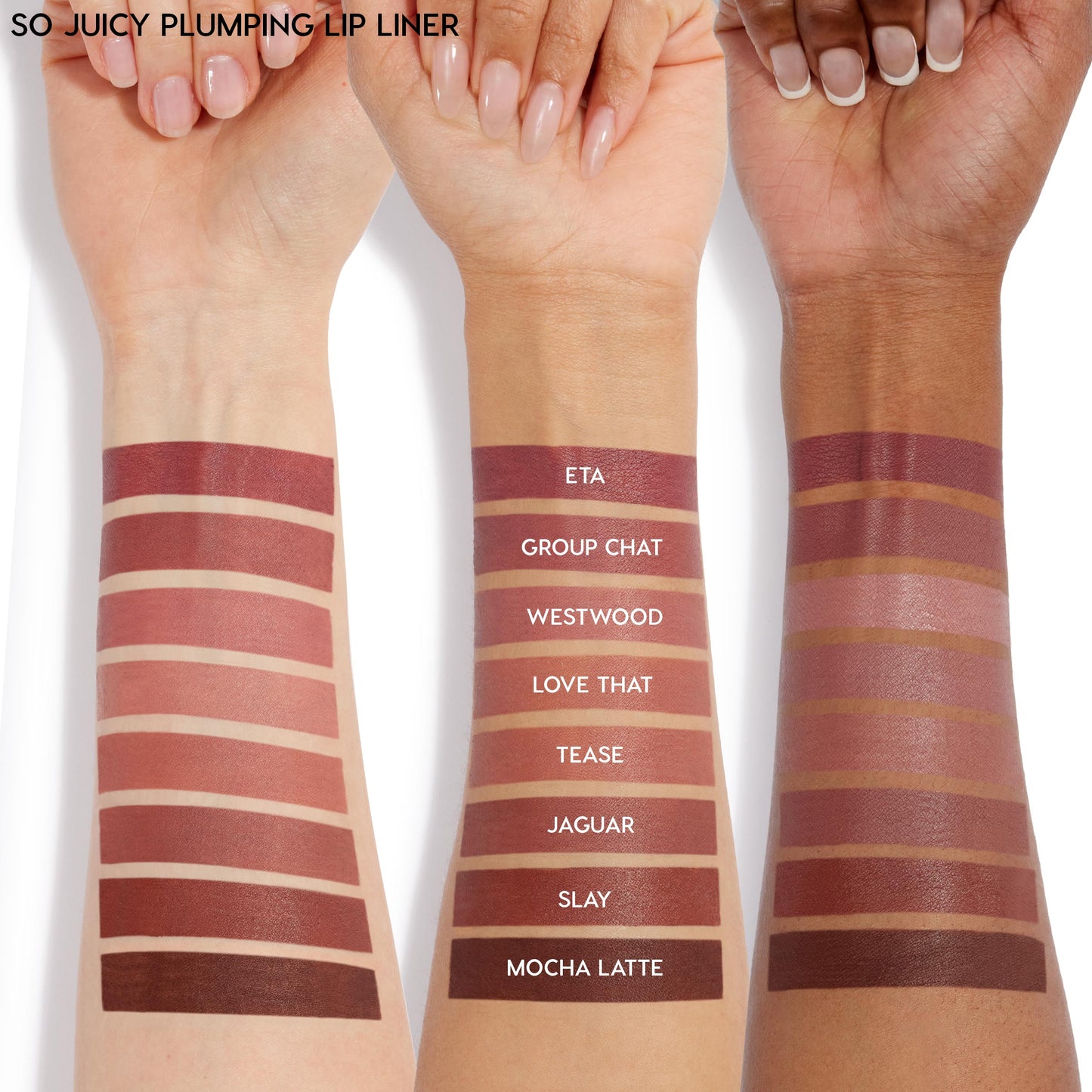 ColourPop So Juicy Plumping Lip Liner & Balm Set, Glazed Pout - eight lip liner swatches (ETA, Group Chat, Westwood, Love That, Tease, Jaguar, Slay, Mocha Latte) shown as horizontal bands on light, medium, and deep skin tones for true color payoff.