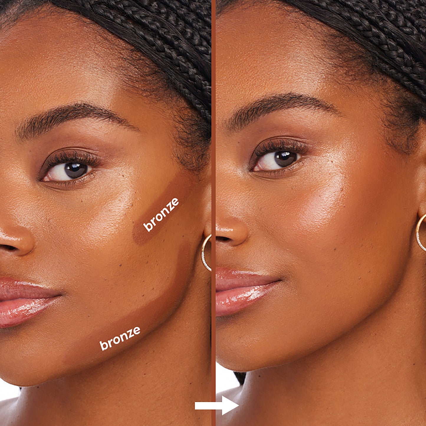 ColourPop Bronzer Stix La Jolla Cove swiped and blended on a model’s cheek in a split-screen before-and-after; left shows two bronze stripes, right shows a smooth, sun-kissed glow, demonstrating the creamy, buildable bronzer stick finish.
