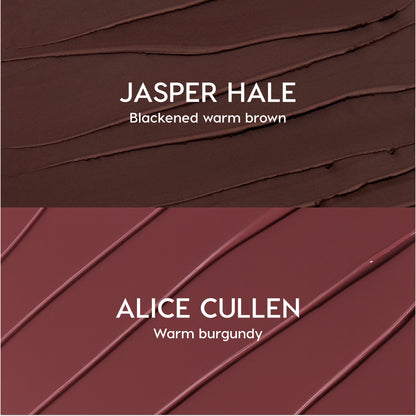 ColourPop New Love Lippie Stix swatched in two Twilight-inspired shades, Jasper Hale in blackened warm brown and Alice Cullen in warm burgundy, shown as creamy lipstick streaks on a split background for comparison.