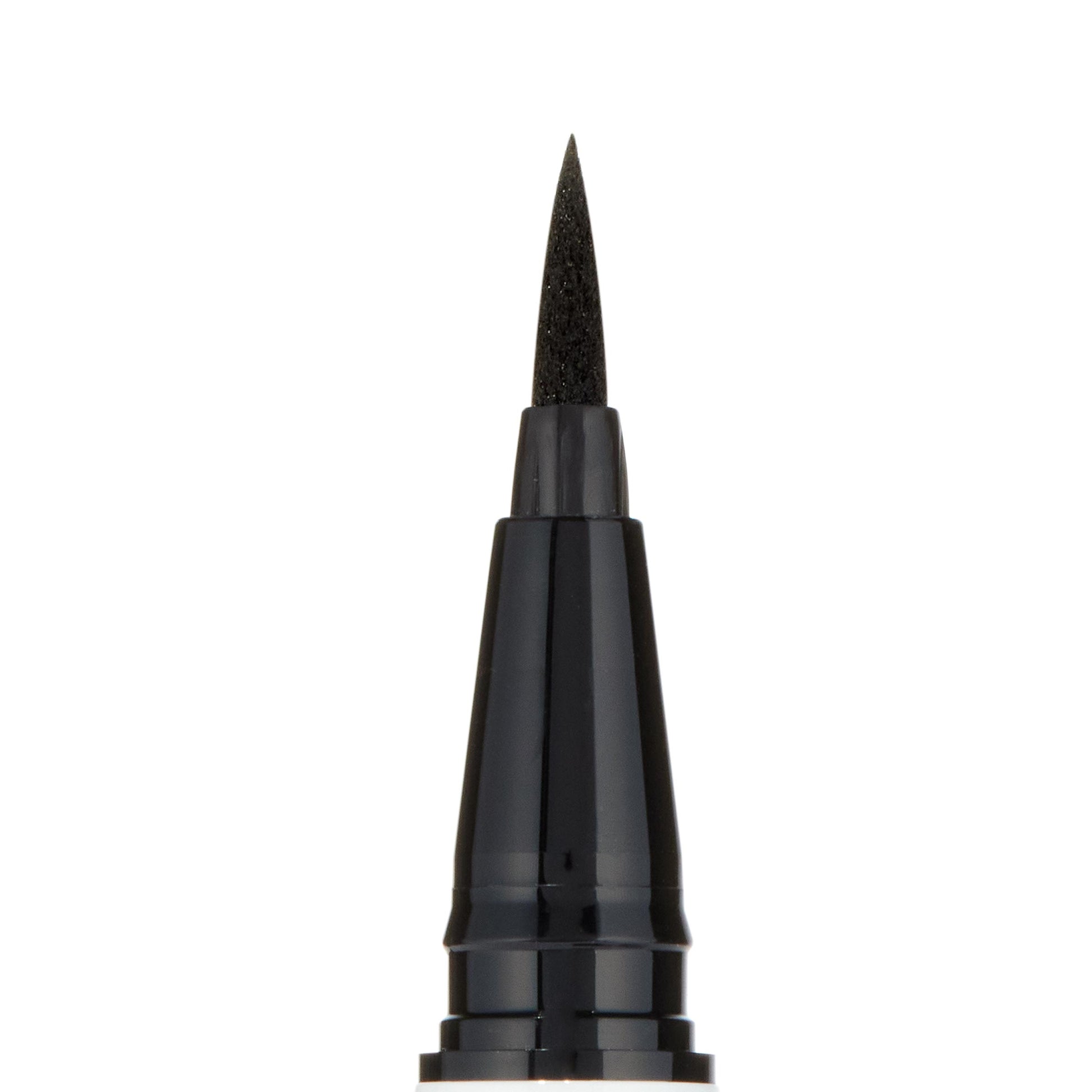 Felt-tip applicator delivering precise black lines, shown as a close-up of the ColourPop BFF Liquid Liner in Numero Uno, with the sharp black tip and glossy black pen housing centered against a clean white background.